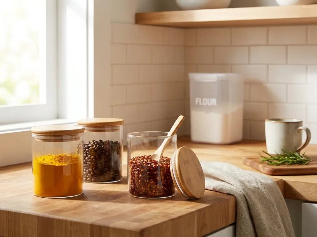 Borosilicate glass canisters beside clear plastic containers showing material choice for food storage