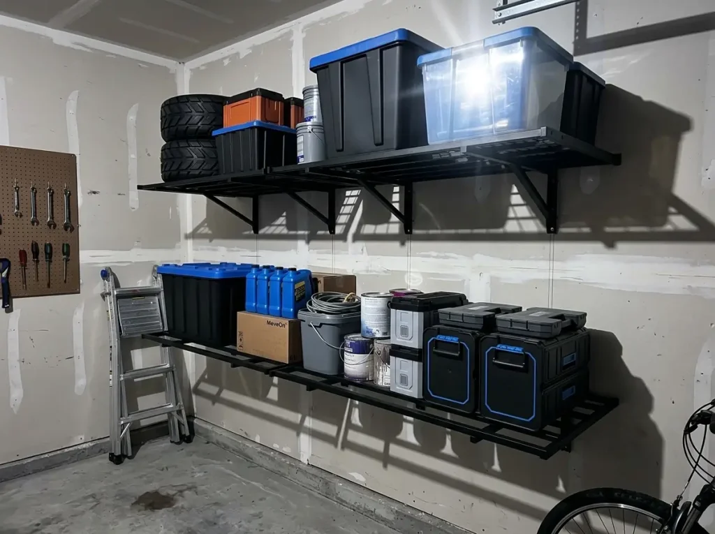 Heavy-duty wall-mounted garage shelving loaded with storage totes and tools