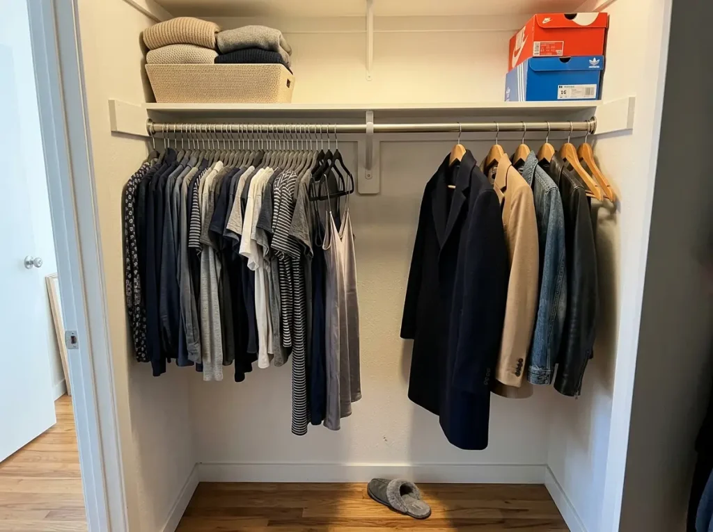 Hybrid closet rod with slim velvet hangers for everyday clothes and wood hangers for coats
