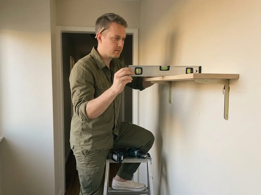 Man installing a shelf bracket into a wall with a level and toggle bolt hardware
