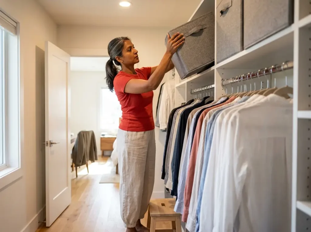 Woman reaching up to pull a labeled fabric bin down from the above-rod top closet shelf by its handle