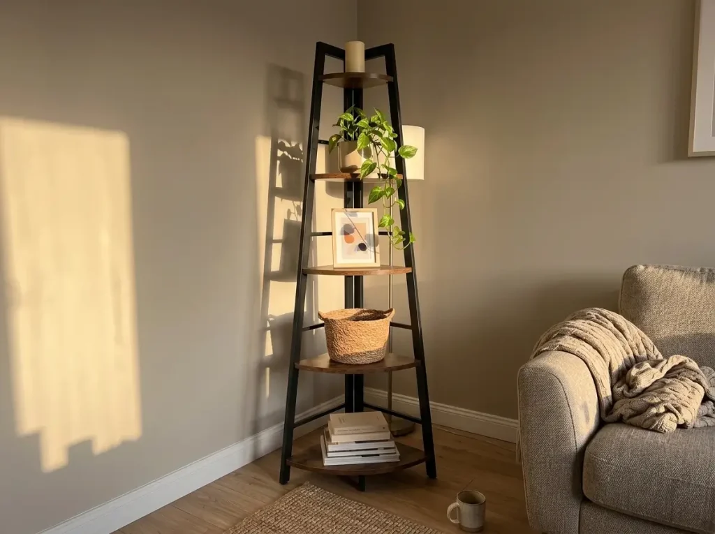 Freestanding ladder-style corner shelf leaning into a small living room corner
