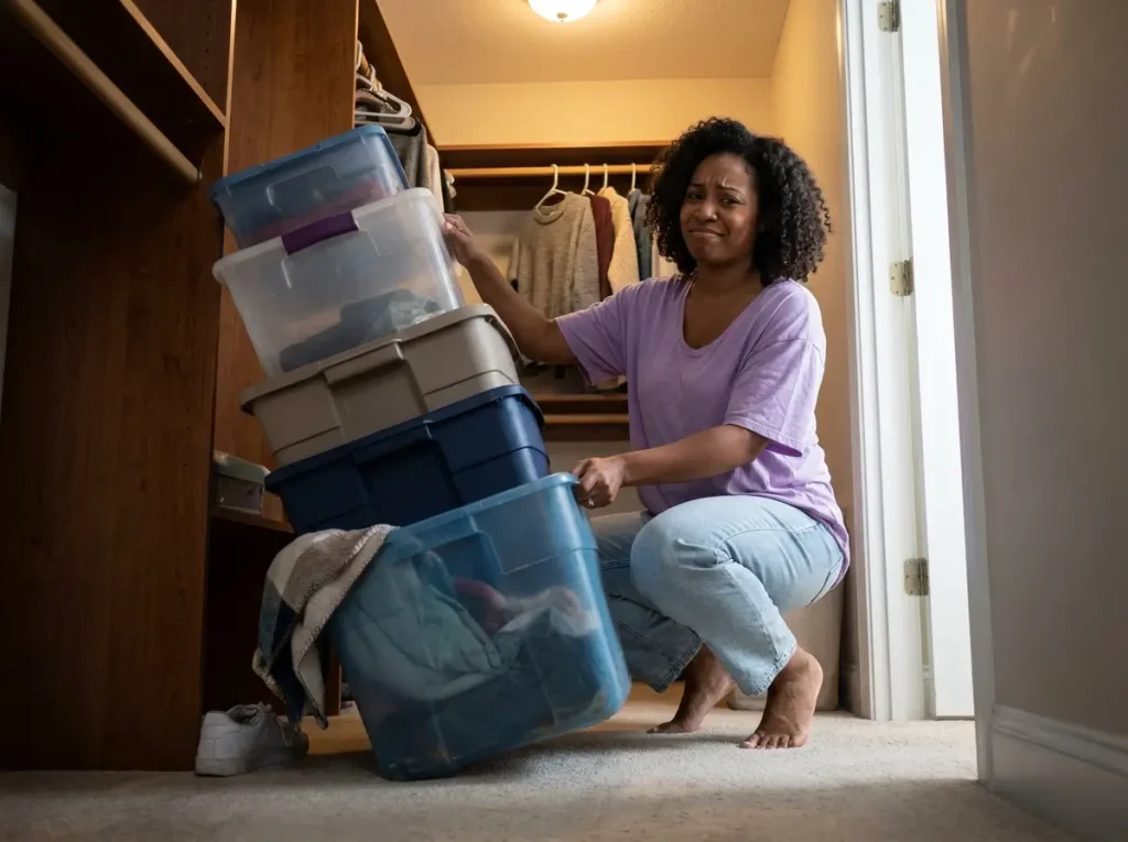 Best Stackable Storage Bins That Actually Stack 11 Woman frowning at a leaning stack of mismatched bins with the bottom bin bowed and overstuffed