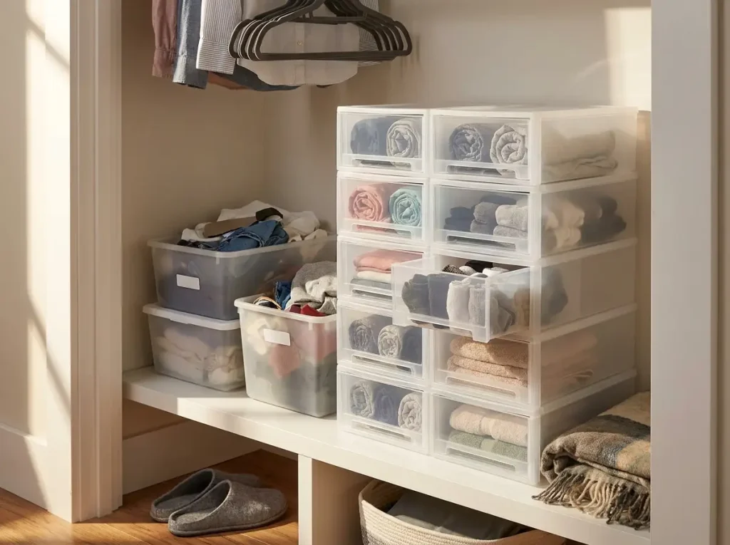 Best Stackable Storage Bins That Actually Stack 4 A clean nested stack of identical mDesign open-front bins on a closet shelf versus loose clutter