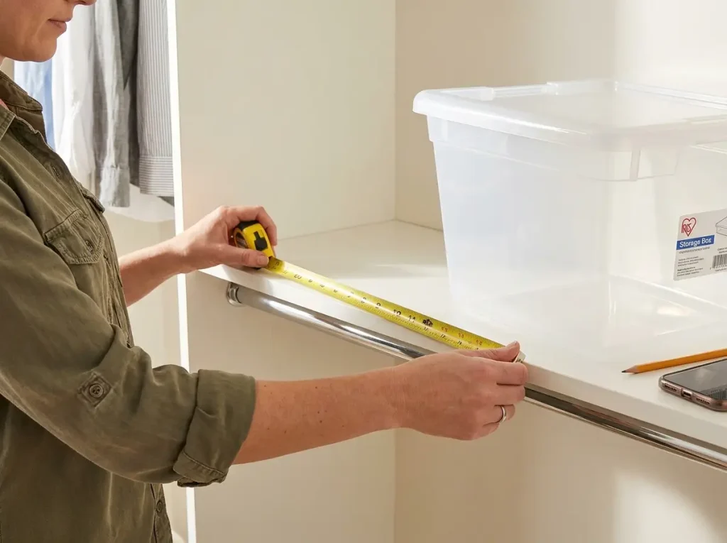 Hands measuring closet shelf depth with a tape measure next to a clear storage box that overhangs the edge