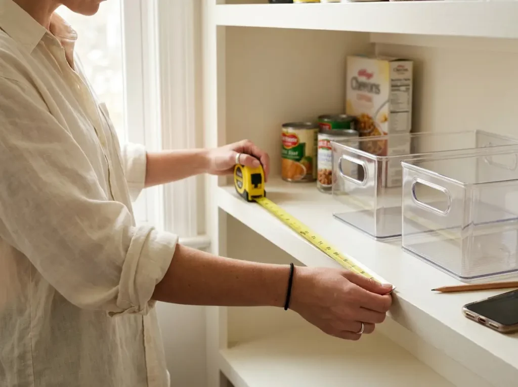 Hands using a tape measure on a pantry shelf before buying clear bins so they actually fit