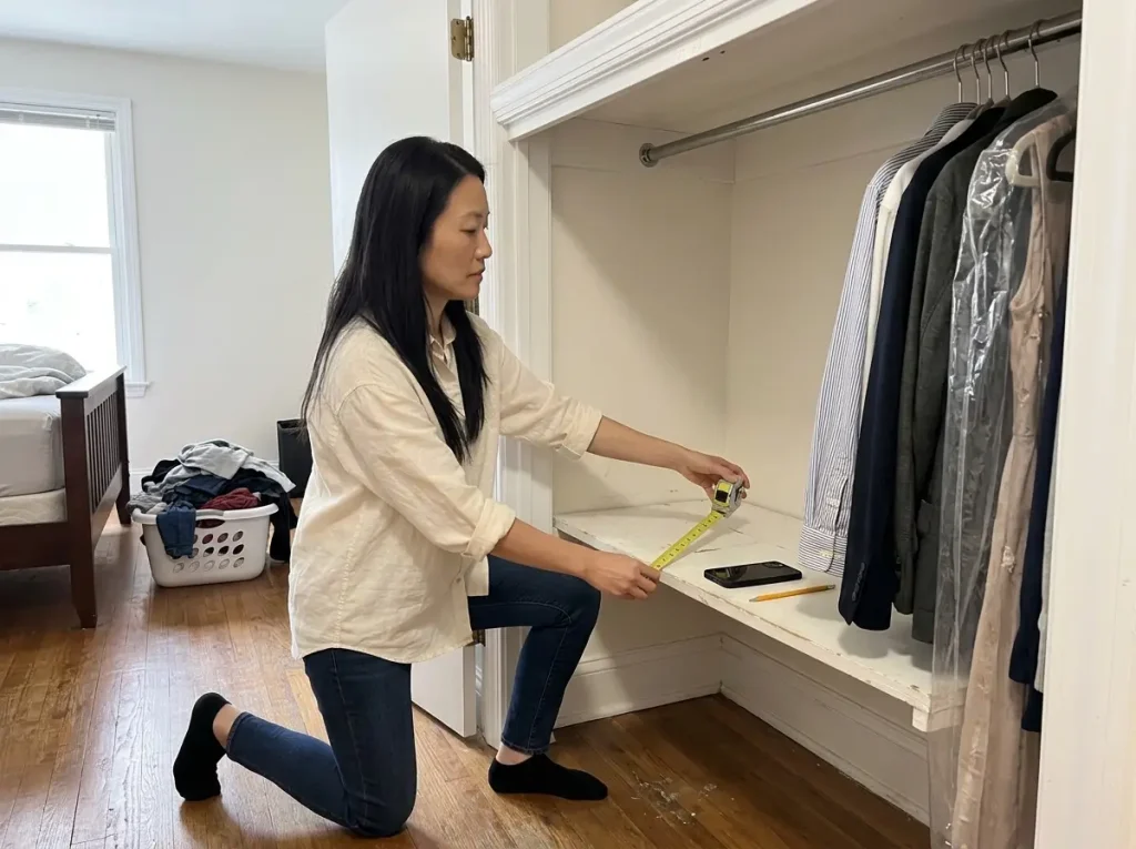 Woman measuring closet shelf depth and door header with a tape measure before buying