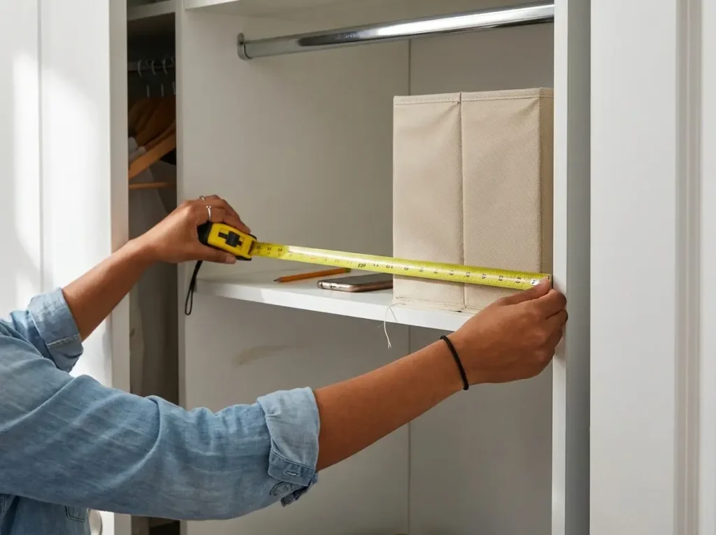 Hands measuring the depth of a closet shelf with a tape measure beside a fabric storage cube