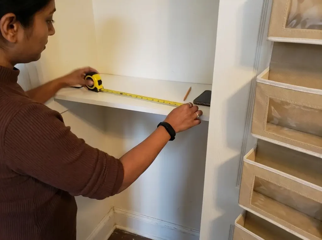Hands measuring rental closet depth with a tape measure before choosing a closet system