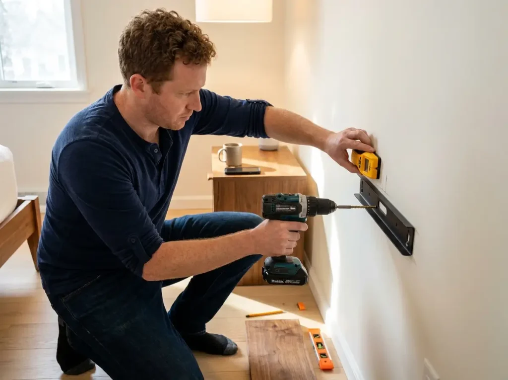 Man using a stud finder and drill to mount a solid wood floating shelf bracket into the wall