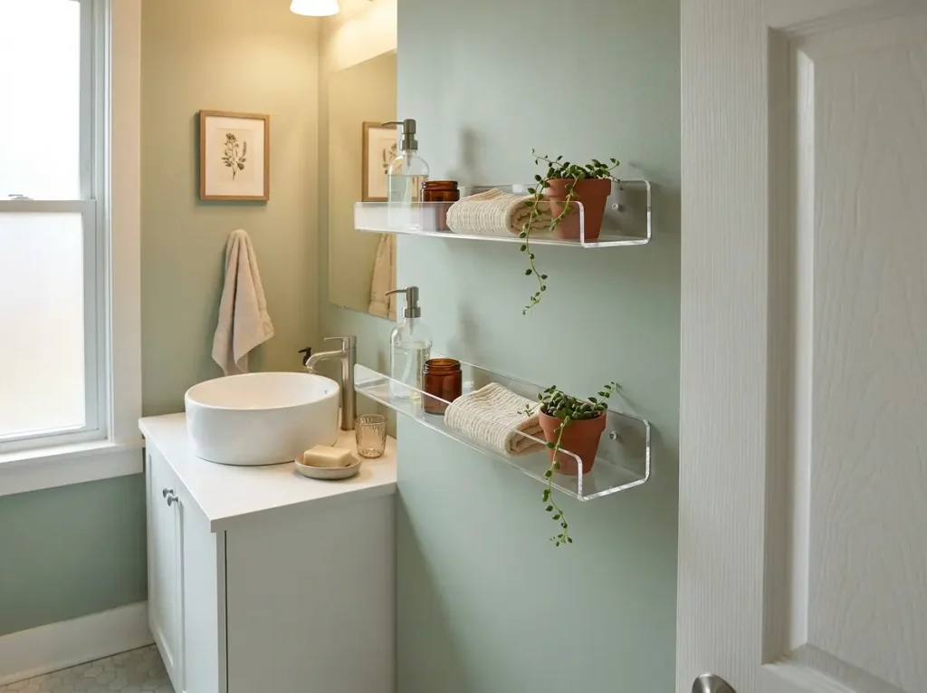 Narrow clear acrylic floating shelves styled with toiletries on a small bathroom wall