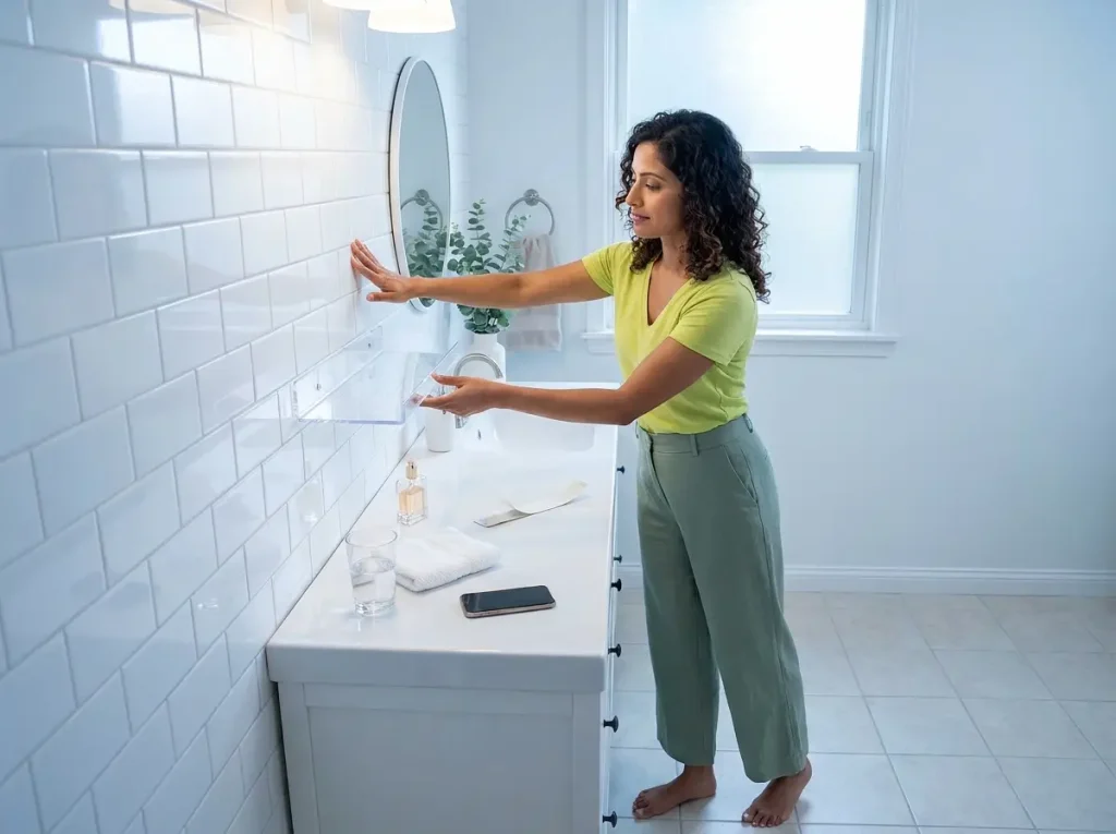 Woman pressing a no-drill adhesive floating shelf onto smooth bathroom tile with both hands