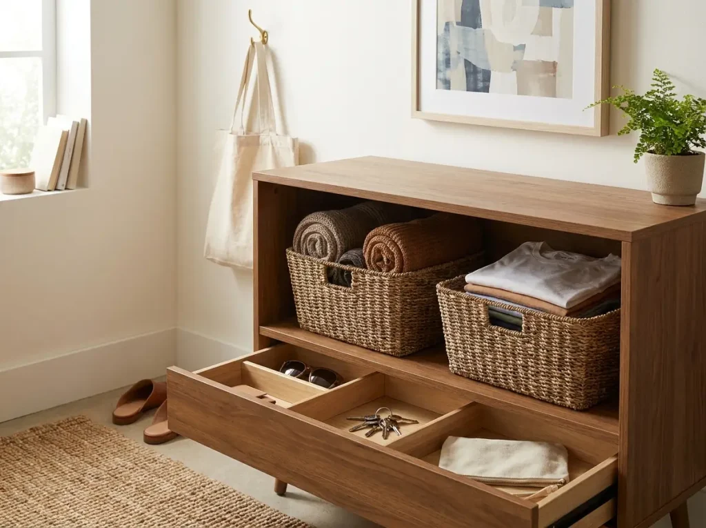 Best Stackable Storage Bins That Actually Stack 13 Open woven baskets and a shallow drawer holding daily-access items instead of stacked bins