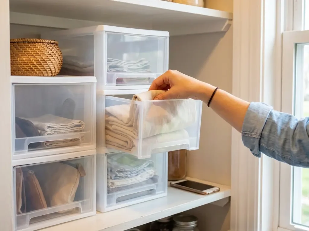 Best Stackable Storage Bins That Actually Stack 3 Hand reaching into the open front of a mid-stack Vtopmart clear bin without unstacking the tower