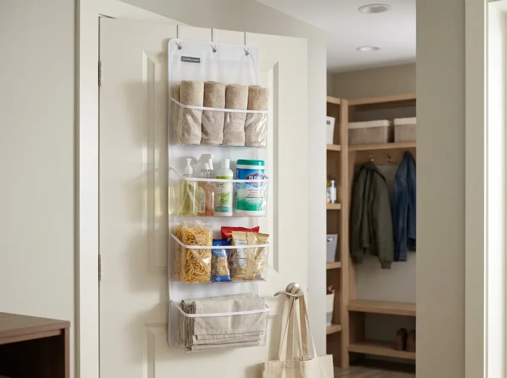 Clear over-the-door hanging shelf organizer on a closet door holding light frequent-grab items
