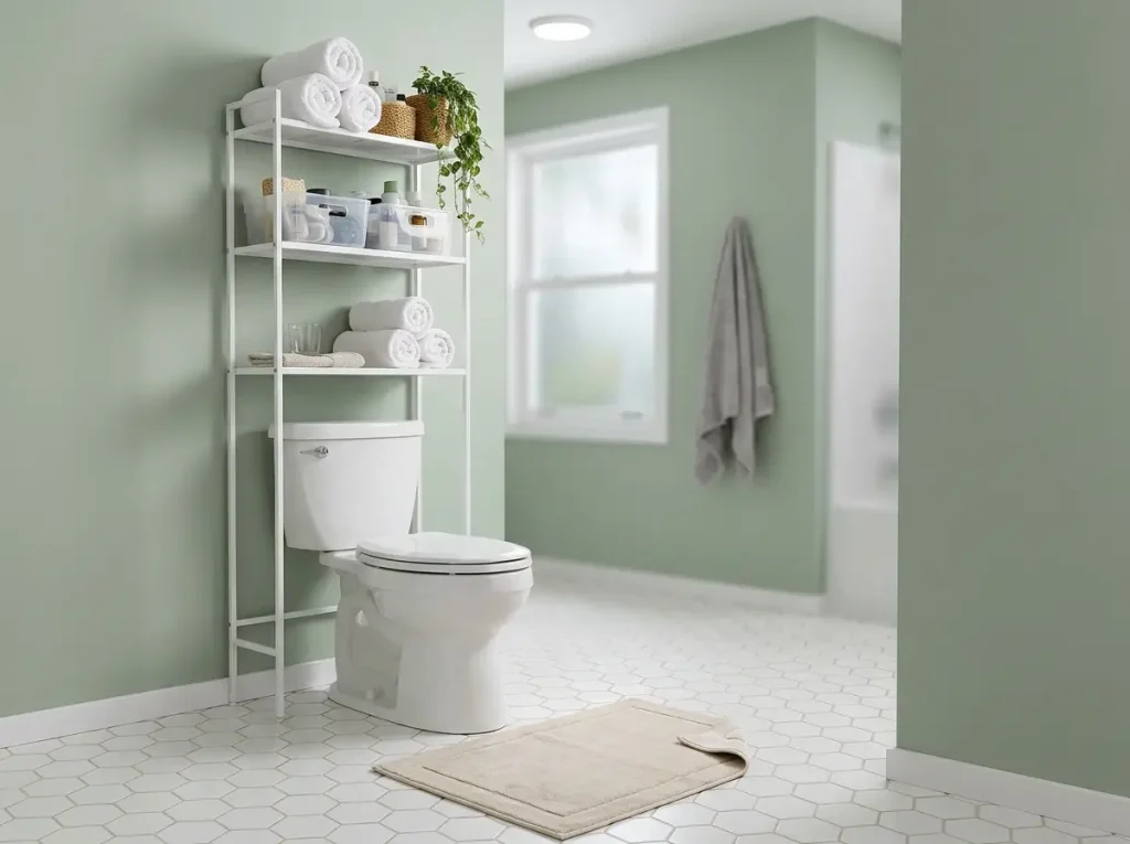 Freestanding over-the-toilet storage shelf in a small bathroom showing room-matched shelving