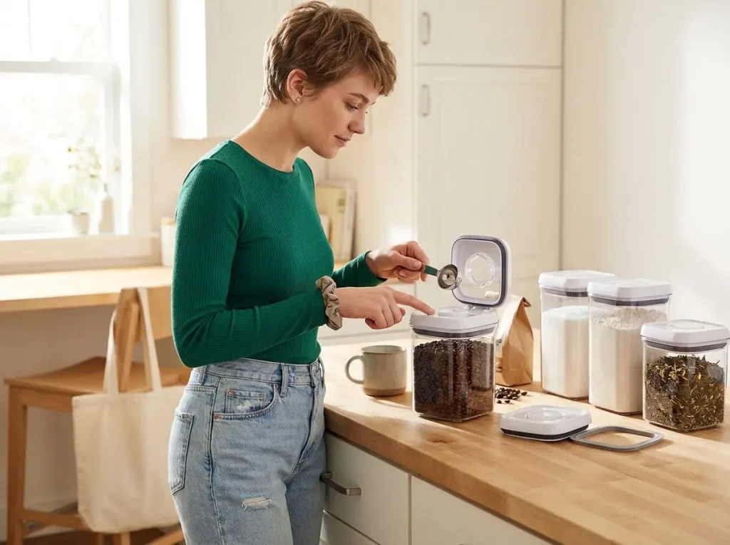 Woman opening an OXO POP push-button container of coffee one-handed at the kitchen counter