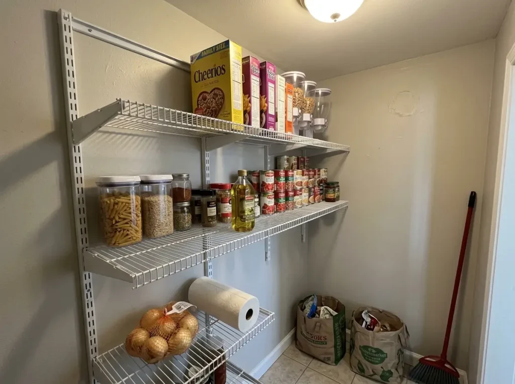 Adjustable rail-mounted wall shelf in a pantry holding jars and canned goods