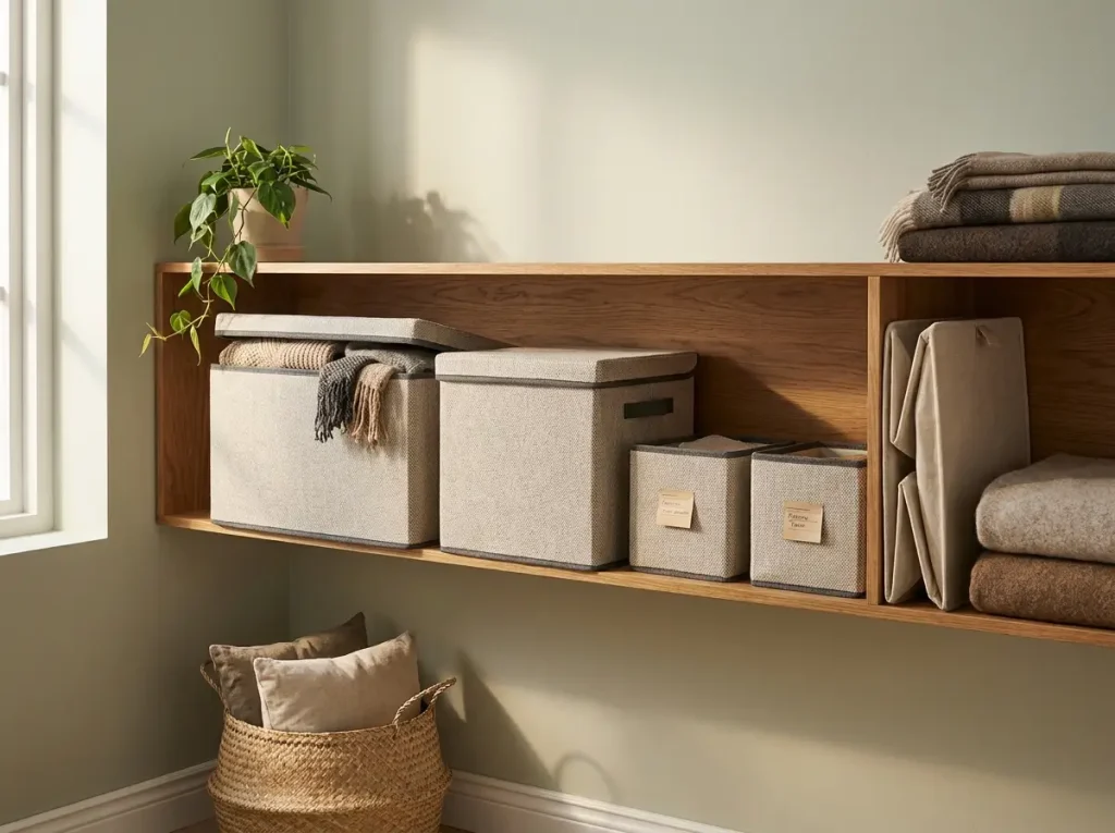 Best Stackable Storage Bins That Actually Stack 10 Row of foldable PRANDOM fabric storage bins with labels lined up on an open shelf