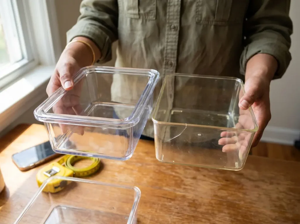 Hands comparing a thick clear acrylic bin against a thin yellowed styrene bin to tell real acrylic apart