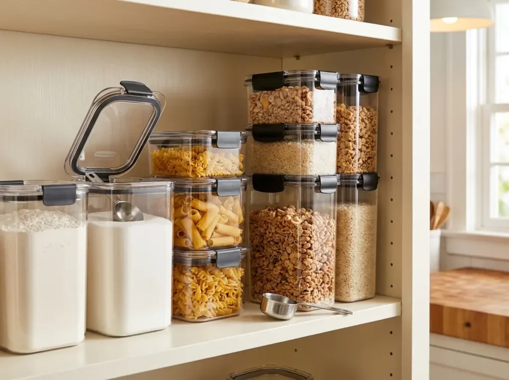 Rubbermaid Brilliance and Vtopmart airtight containers sealed side by side on a pantry shelf