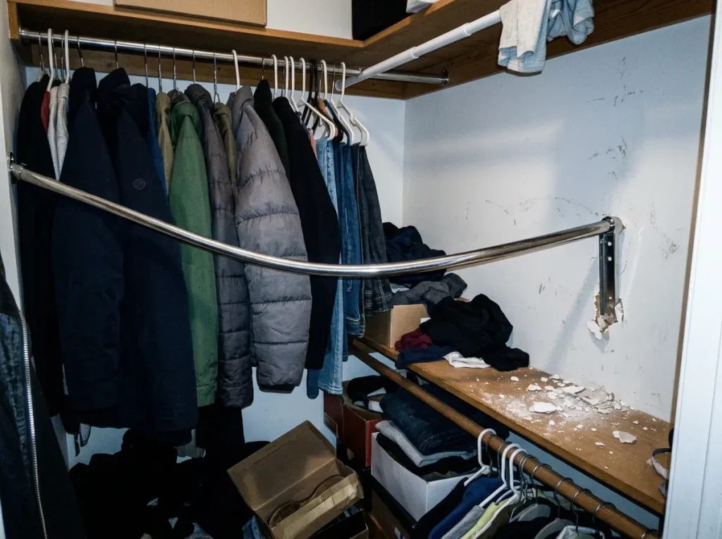 Close-up of a sagging closet rod pulling loose from its wall anchor in a deep closet