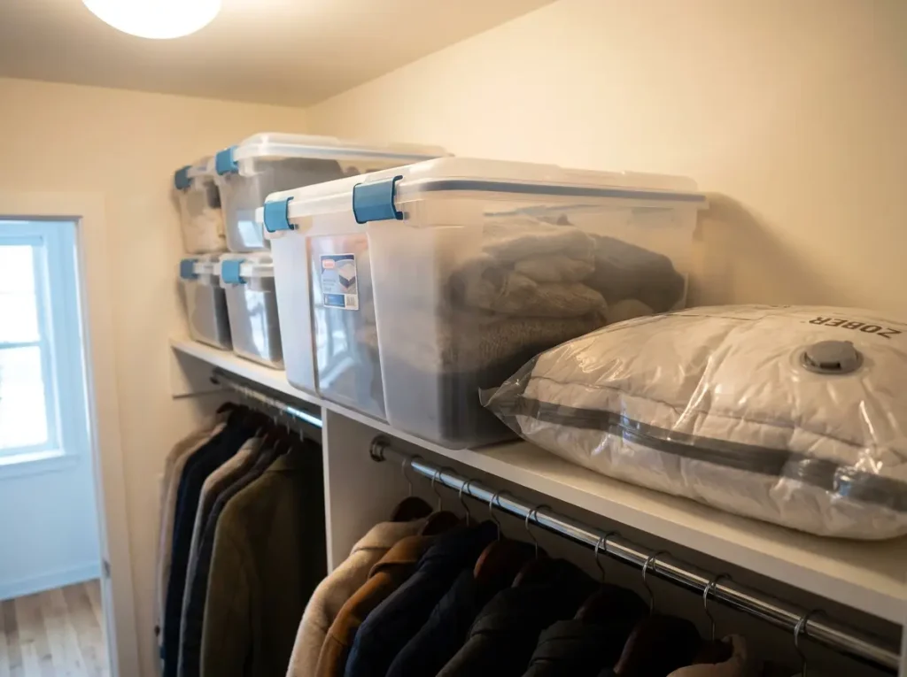 Latching gasket storage box and a compressed vacuum bag of bedding on a closet top shelf for off-season storage