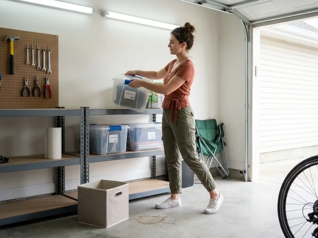 Woman placing a sealed plastic weatherproof tote onto a metal garage storage shelf