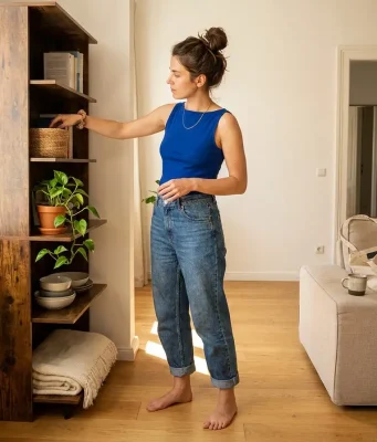 Shelving and Racks That Hold Up Where You Live Woman arranging a narrow freestanding shelf in a small apartment corner, shelving and racks that hold up