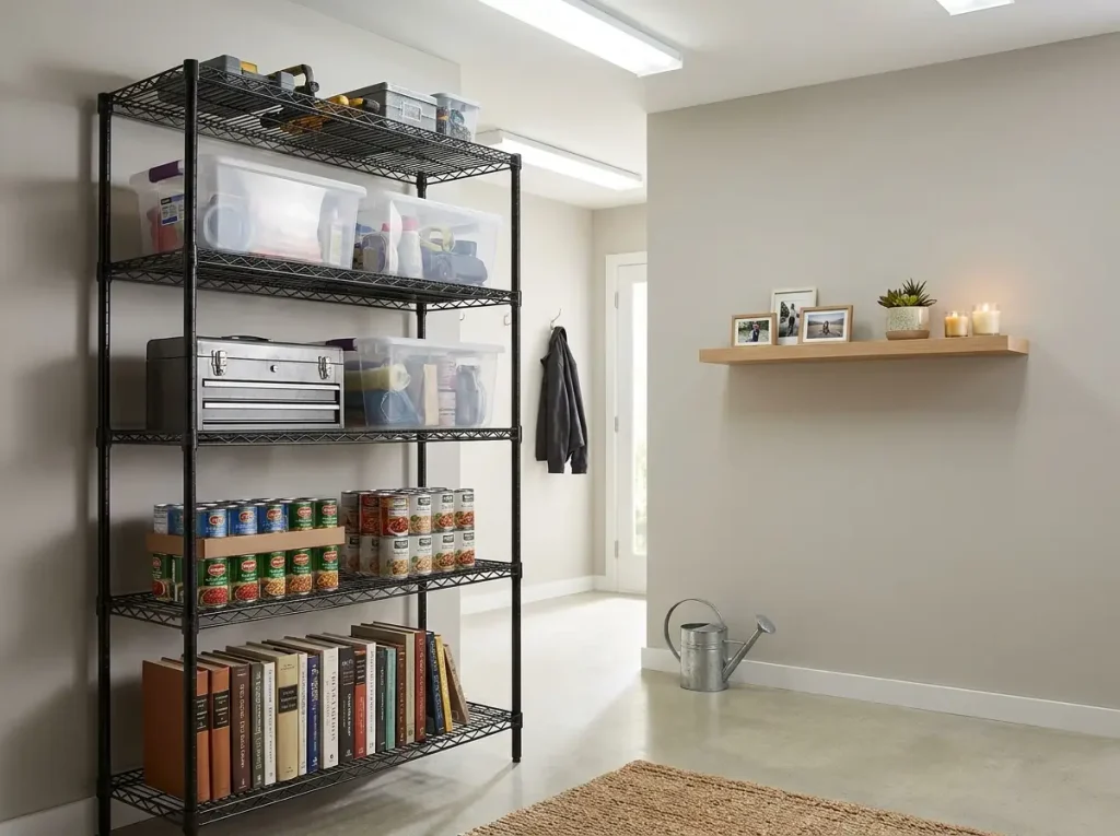 Heavy steel wire shelving unit beside a light wall shelf showing the shelving versus racking difference