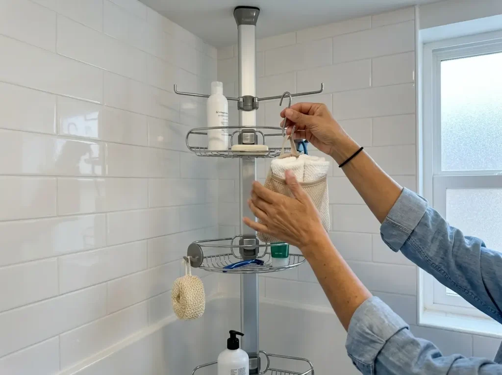 Hands hanging a small tote from an S-hook on a stainless tension shower pole against tile