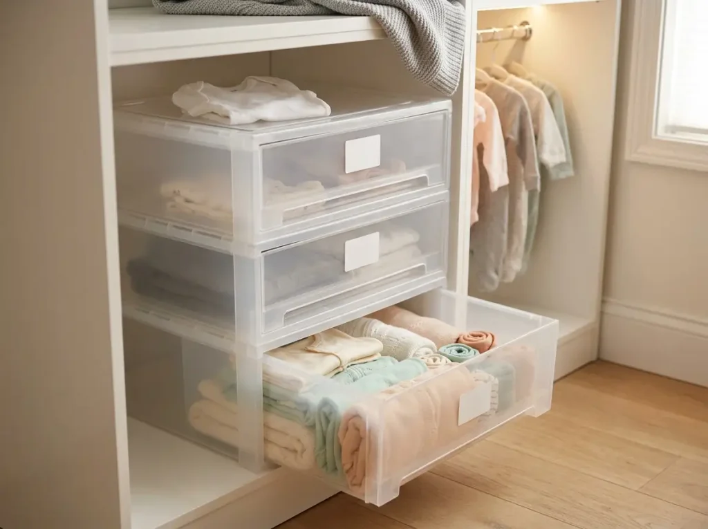 Stack-and-pull clear storage bins stacked in a closet cubby with the lower drawer pulled open