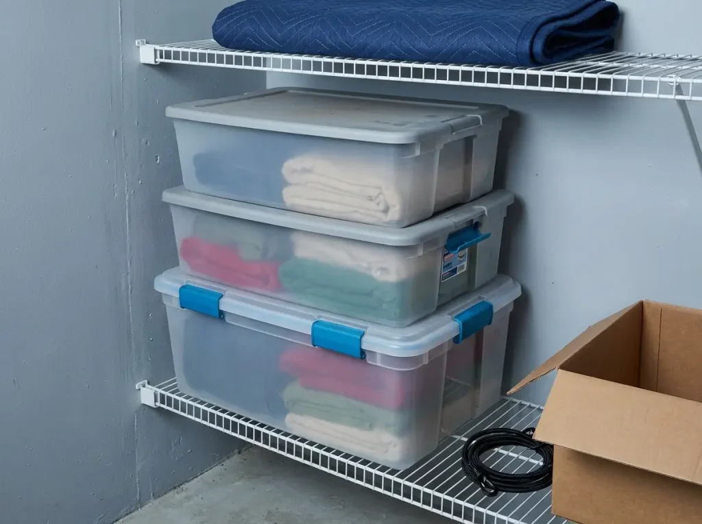 Best Stackable Storage Bins That Actually Stack 8 Stack of latching Sterilite clip-lid boxes sealed for long-term seasonal storage on a shelf