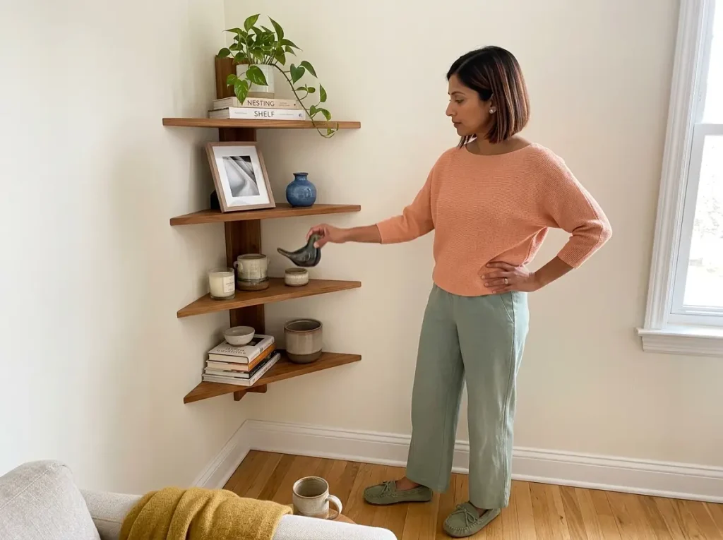 Woman styling a corner shelf about two-thirds full with books, a plant, and a vase