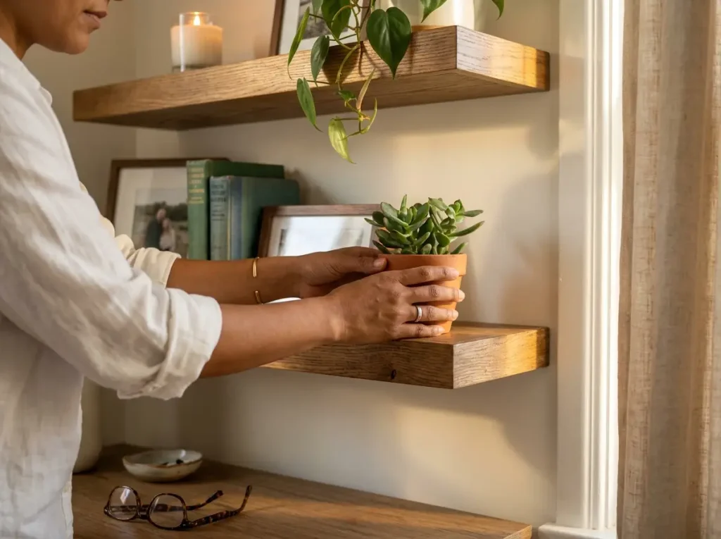 Hands spacing books and a small plant on a floating shelf without overcrowding it