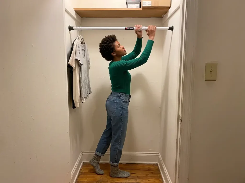 Renter adjusting a no-drill tension rod closet system between two closet walls