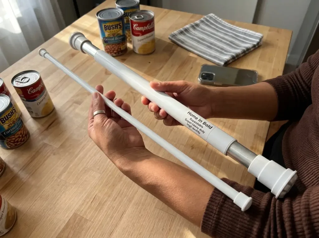 Hands comparing a thin spring tension rod against a thicker heavy-duty aluminum rod on a table