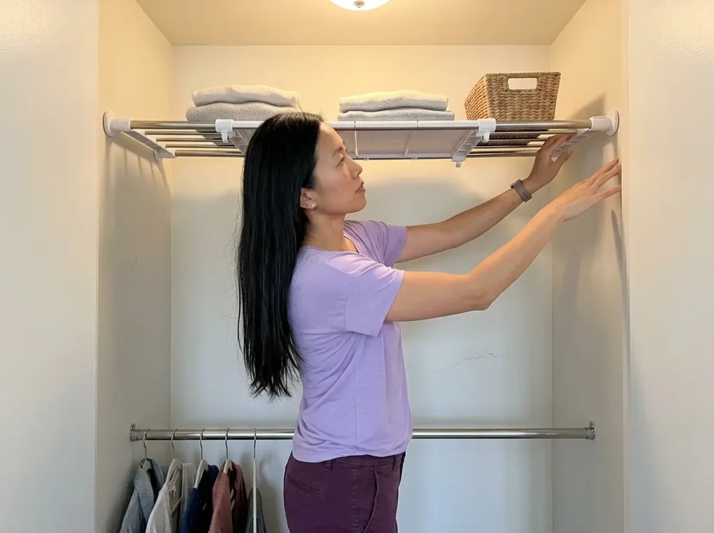 Woman fitting a stainless steel expandable tension shelf into a closet to build a rod platform