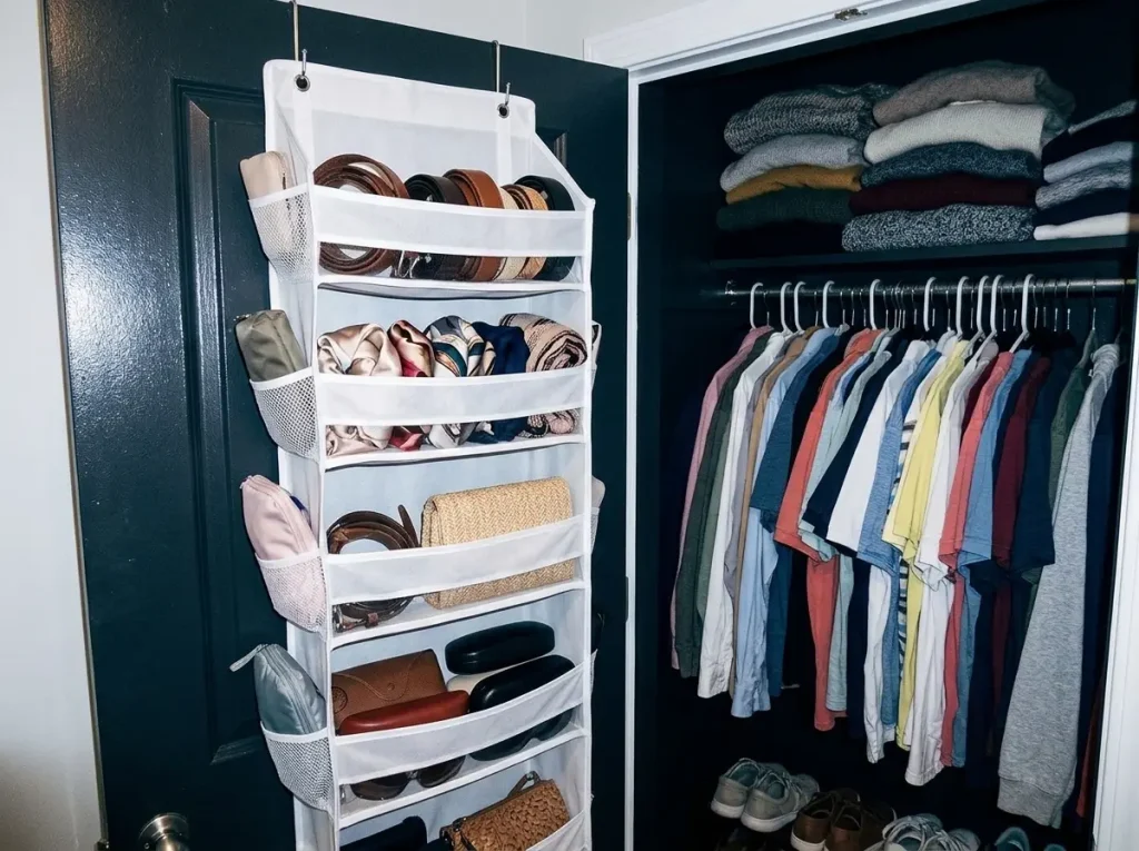 ULG fabric over-the-door organizer with mesh pockets on the inside of a dark reach-in closet door