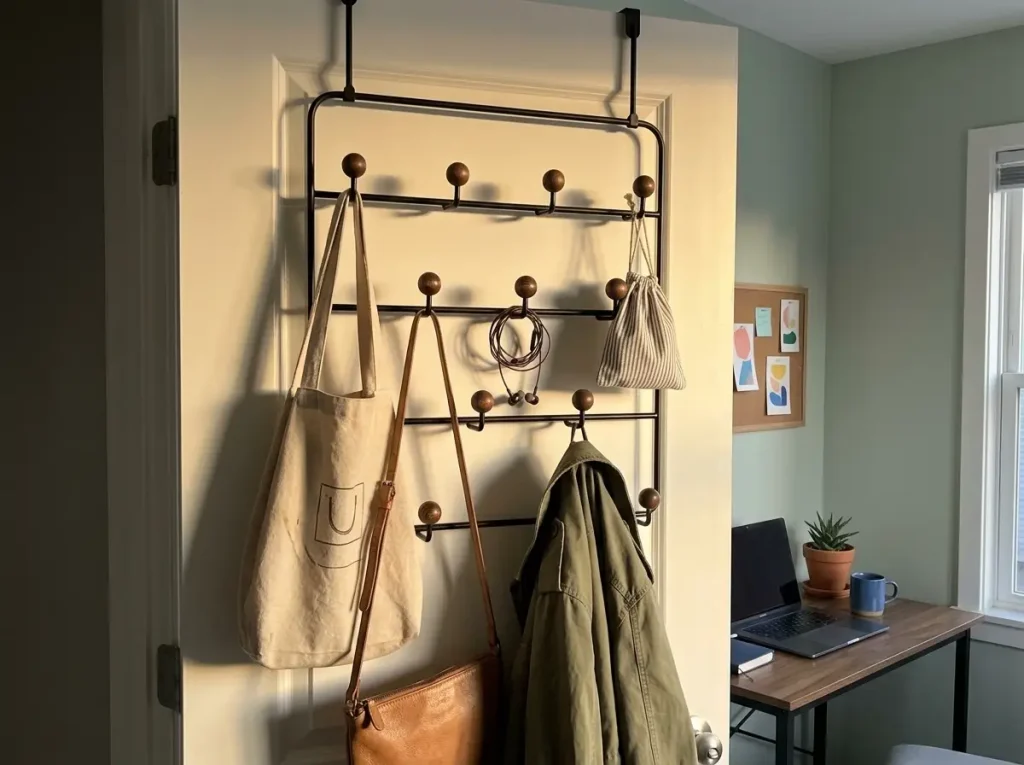 Umbra Estique over-the-door hook organizer on a home office door holding bags and a tote