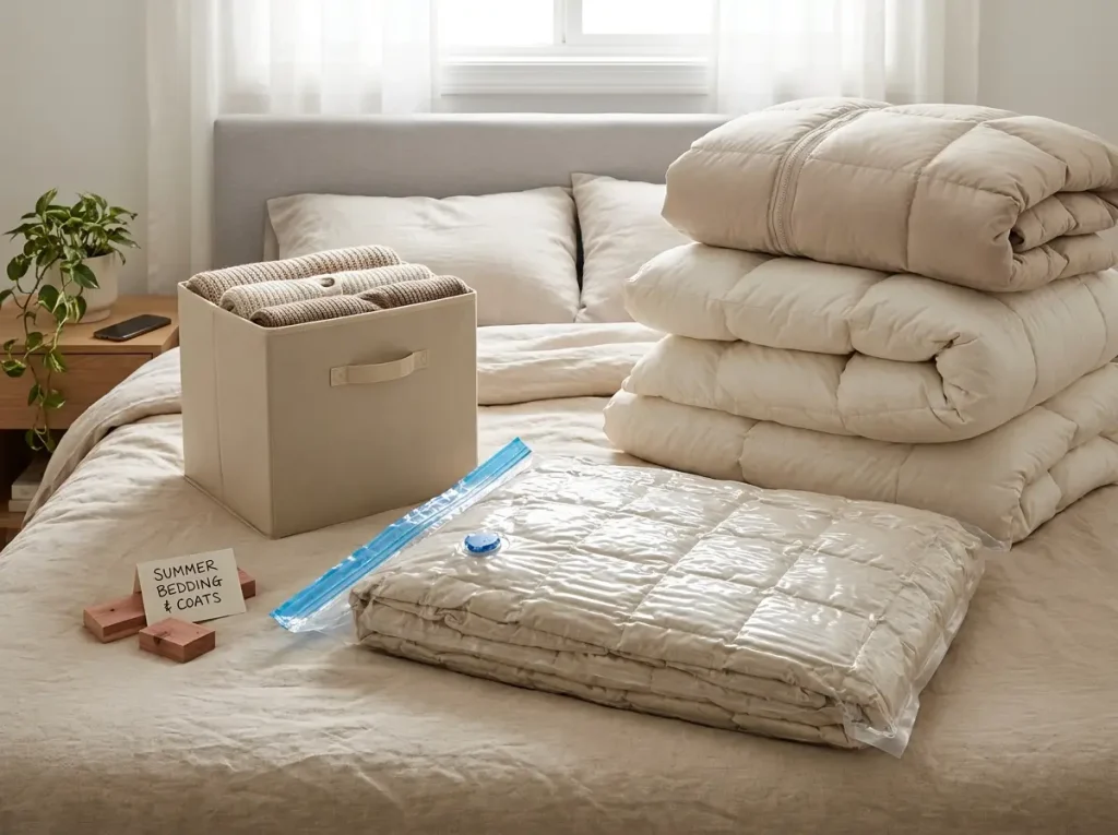 A compressed vacuum storage bag of bedding next to folded comforters and a fabric bin