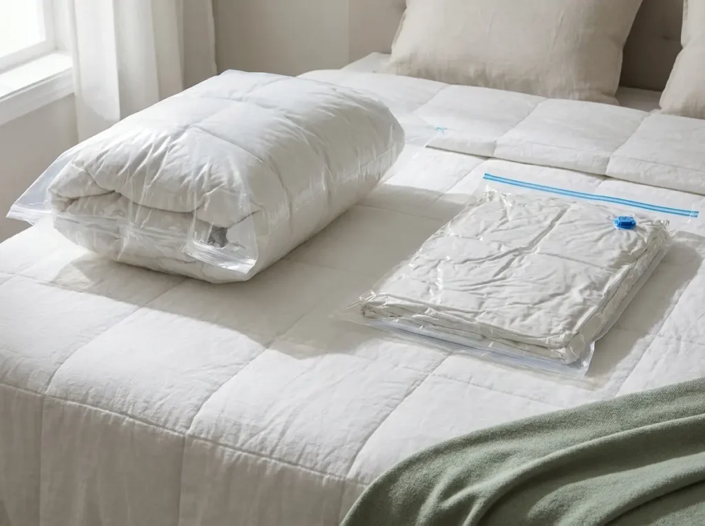 A half-reinflated vacuum storage bag next to a properly flat sealed one on a bed