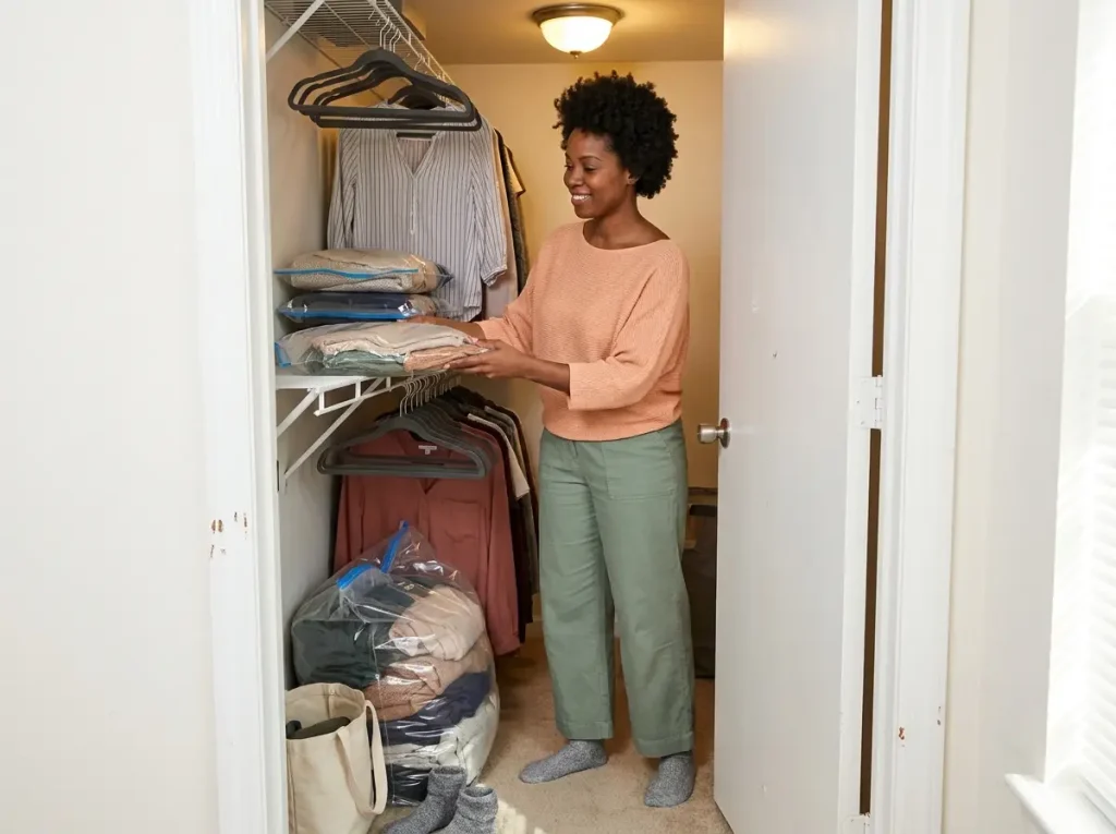 Woman fitting a medium vacuum storage bag onto a narrow closet shelf in a small apartment