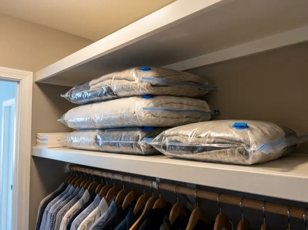 Flat sealed vacuum storage bags of off-season bedding stacked on a closet top shelf