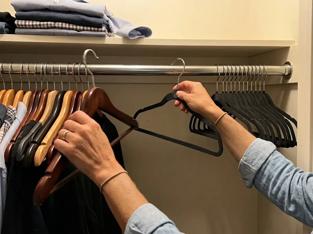 Hands swapping bulky hangers for slim velvet hangers to reclaim closet rod space