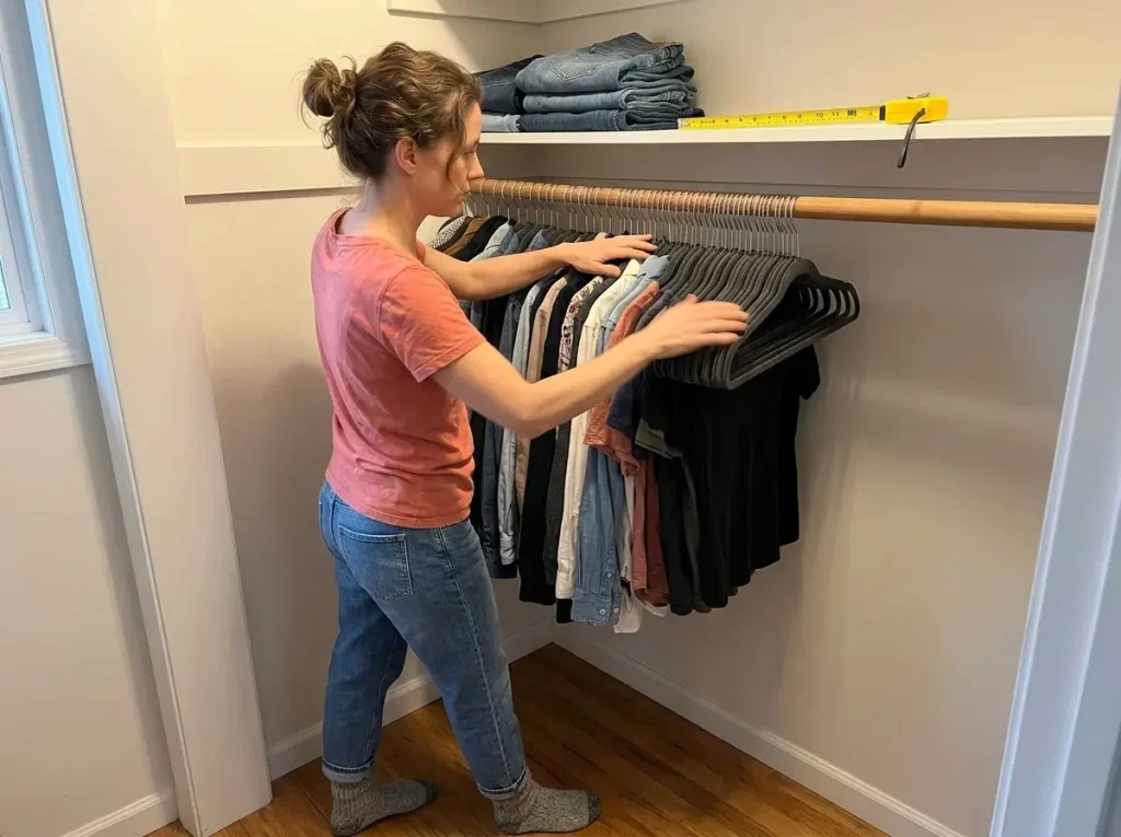 Woman sliding Zober velvet hangers together to free rod space in a small closet