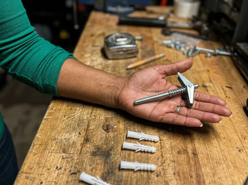 Hand holding a spring toggle bolt beside small plastic wall anchors for comparison