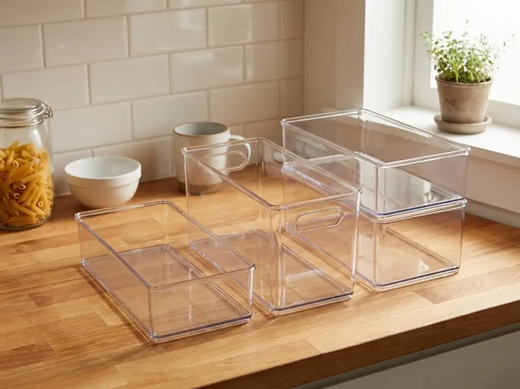 Clear acrylic organizer bins on a counter showing the see-through look that makes people buy them