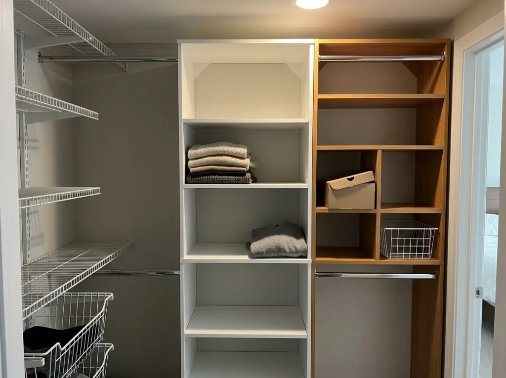 Wire, laminate, and solid wood closet system sections shown side by side in a closet