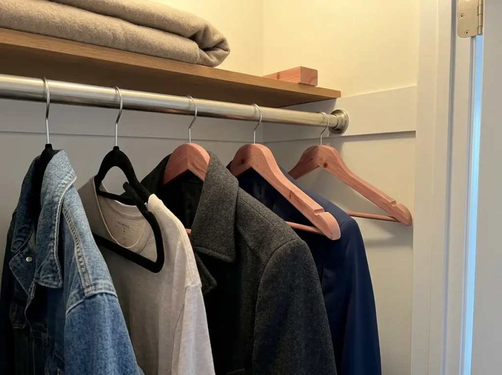 SONGMICS red cedar wood hangers holding a structured wool coat on a closet rod